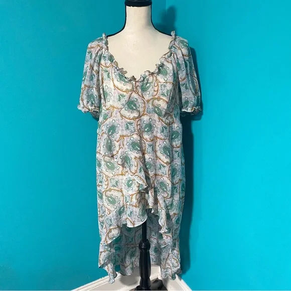 CM NWT Cider Plus 3X Boho Paisley High Low V-Neck Short Sleeve Green Pink Dress - Picture 3 of 7